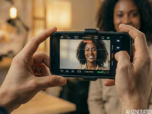 Video Workshops & Beratung 1 Dozent und Videograf Udo Schlörmann von 52° Film filmt mit dem Smartphone eine Frau während eines Video-Workshops Hannover.
