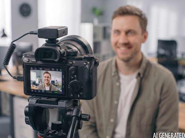 Video Workshops & Beratung 2 Blonder Mann im Interview vor Systemkamera – Video-Workshops Hannover „Filmen mit der Systemkamera" von 52° Film.